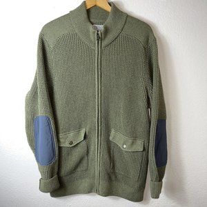 duluth trading cable knit sweater jacket full zip elbow patches mens Large Olive